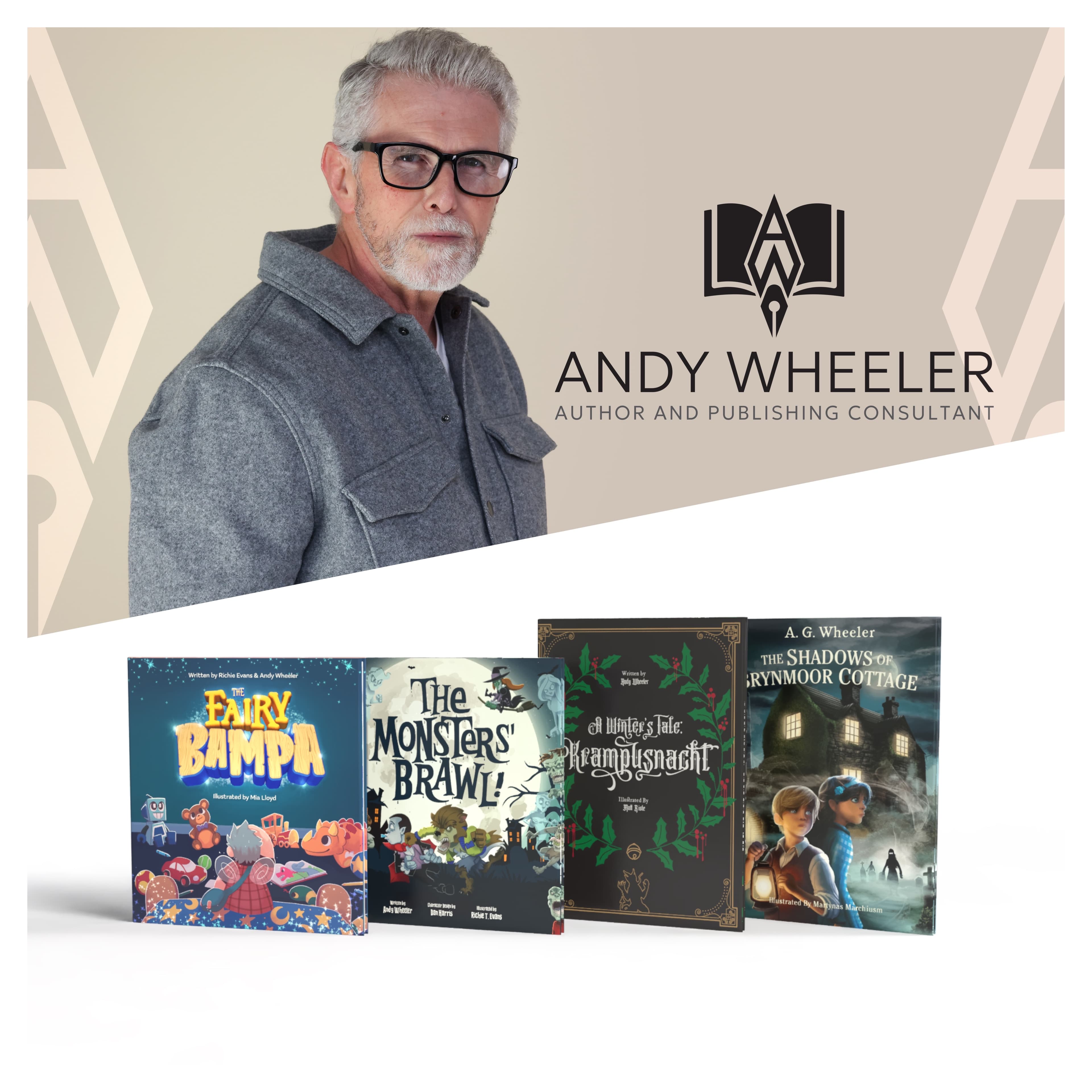 Andy Wheeler, children's author and publishing consultant, with his published books